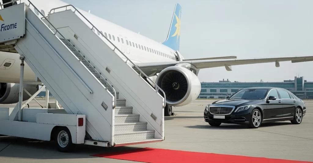 Chauffeur helping VIP guest into luxury vehicle